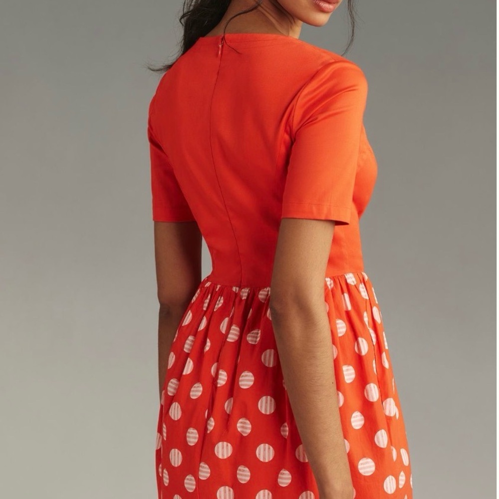 Anthropologie Orange/coral and White Polka Dot Mini Dress with pockets - Picture 5 of 5